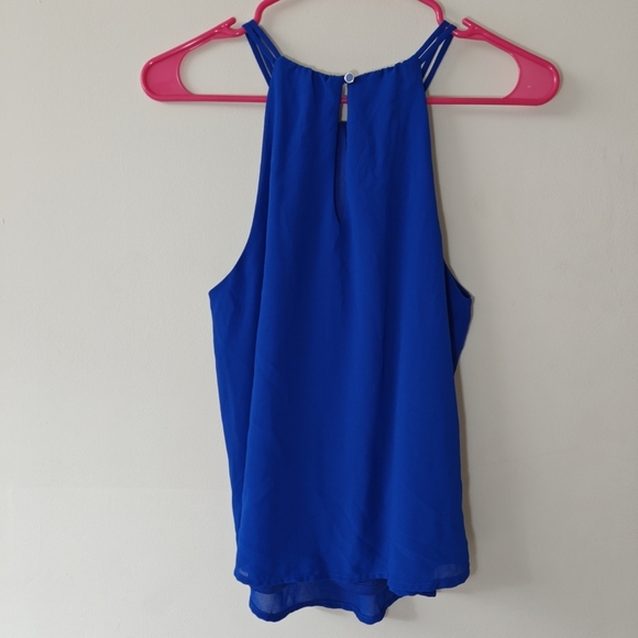 Monteau Sz Small Royal blue Sleeveless halter Top Blouse  Pleated High Collar - Picture 3 of 7